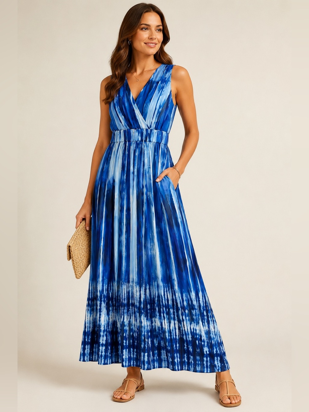 Calvin Klein Blue Watercolor Tie Dye Maxi Dress Sleeveless Size 4